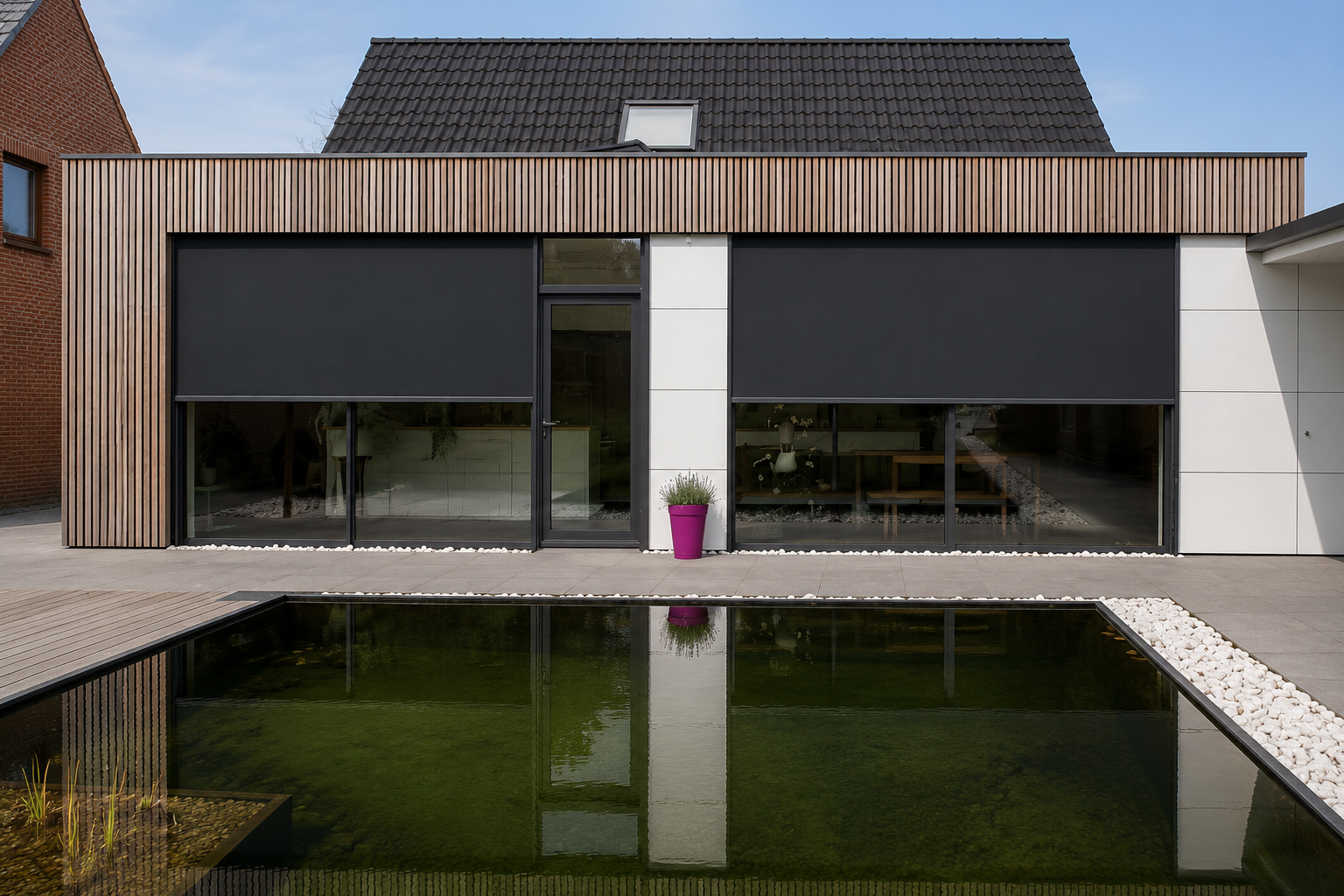 Moderne woning met twee grote donkere screens aan de achtergevel